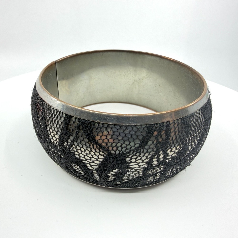 Black Lace Cuff Bracelet Silver Tone Wide Band Gothic Romantic Accessory Gift